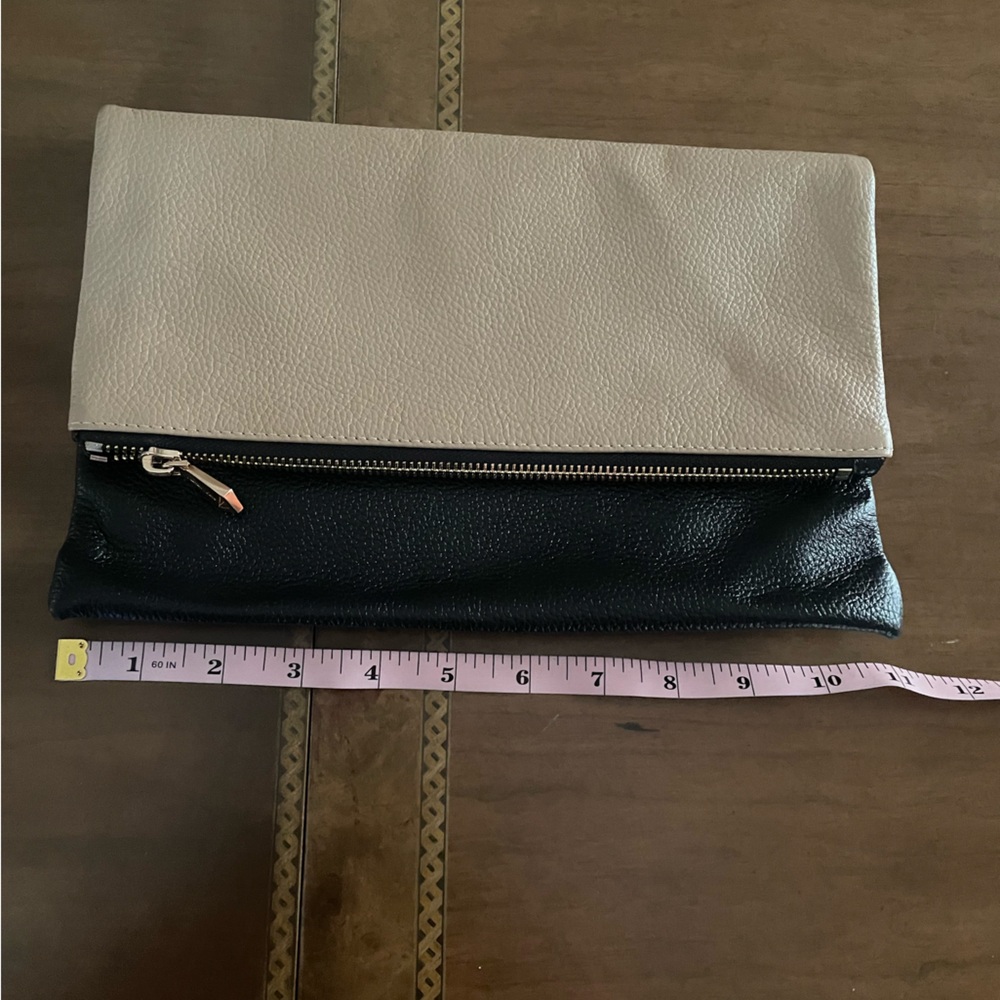Neiman Marcus Two-Tone Black and Cream Leather Fold-Over Clutch.New without tag